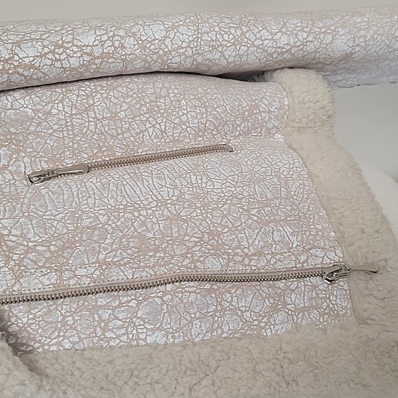 Vintage Y2K Genuine Shearling Leather Distressed Moto Biker Jacket Small Beige - Picture 6 of 10